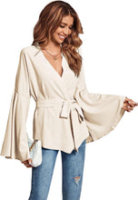 Load image into Gallery viewer, Black Belted Wrap Style Bell Sleeve Top