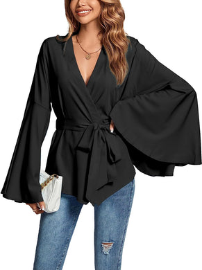 Black Belted Wrap Style Bell Sleeve Top