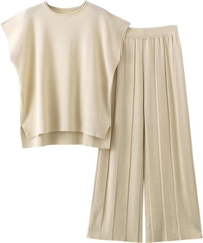 Winter Style Knit Cream Short Sleeve Pullover Top & Wide Leg Pants Set