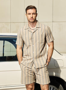 Men's Khaki Striped Cotton Summer Travel Shirt & Shorts Set