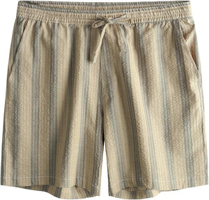 Men's Beige Striped Cotton Summer Travel Shirt & Shorts Set