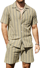 Load image into Gallery viewer, Men&#39;s Khaki Striped Cotton Summer Travel Shirt &amp; Shorts Set
