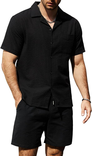 Men's Black Cotton Summer Travel Shirt & Shorts Set