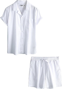 Men's White Cotton Summer Travel Shirt & Shorts Set