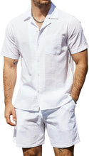 Load image into Gallery viewer, Men&#39;s Khaki Striped Cotton Summer Travel Shirt &amp; Shorts Set