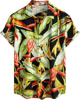 Men's Black Green Tropical Printed Short Sleeve Shirt