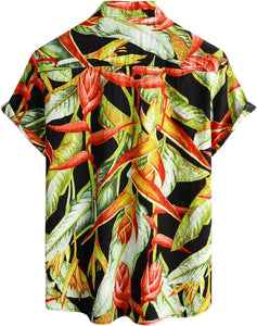 Men's Black Green Tropical Printed Short Sleeve Shirt