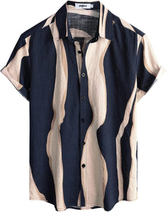 Men's Navy Beige Wavy Patterned Short Sleeve Shirt