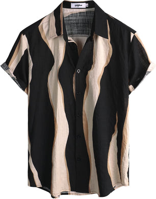 Men's Black Coffee Wavy Patterned Short Sleeve Shirt