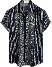 Load image into Gallery viewer, Men&#39;s Black Beige Floral Striped Short Sleeve Shirt