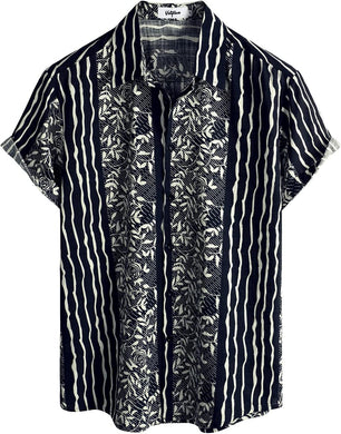 Men's Black Beige Floral Striped Short Sleeve Shirt