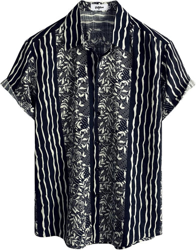 Men's Black Beige Floral Striped Short Sleeve Shirt