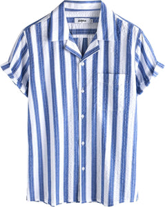 Men's Wrinkled Style White Striped Button Up Short Sleeve Shirt