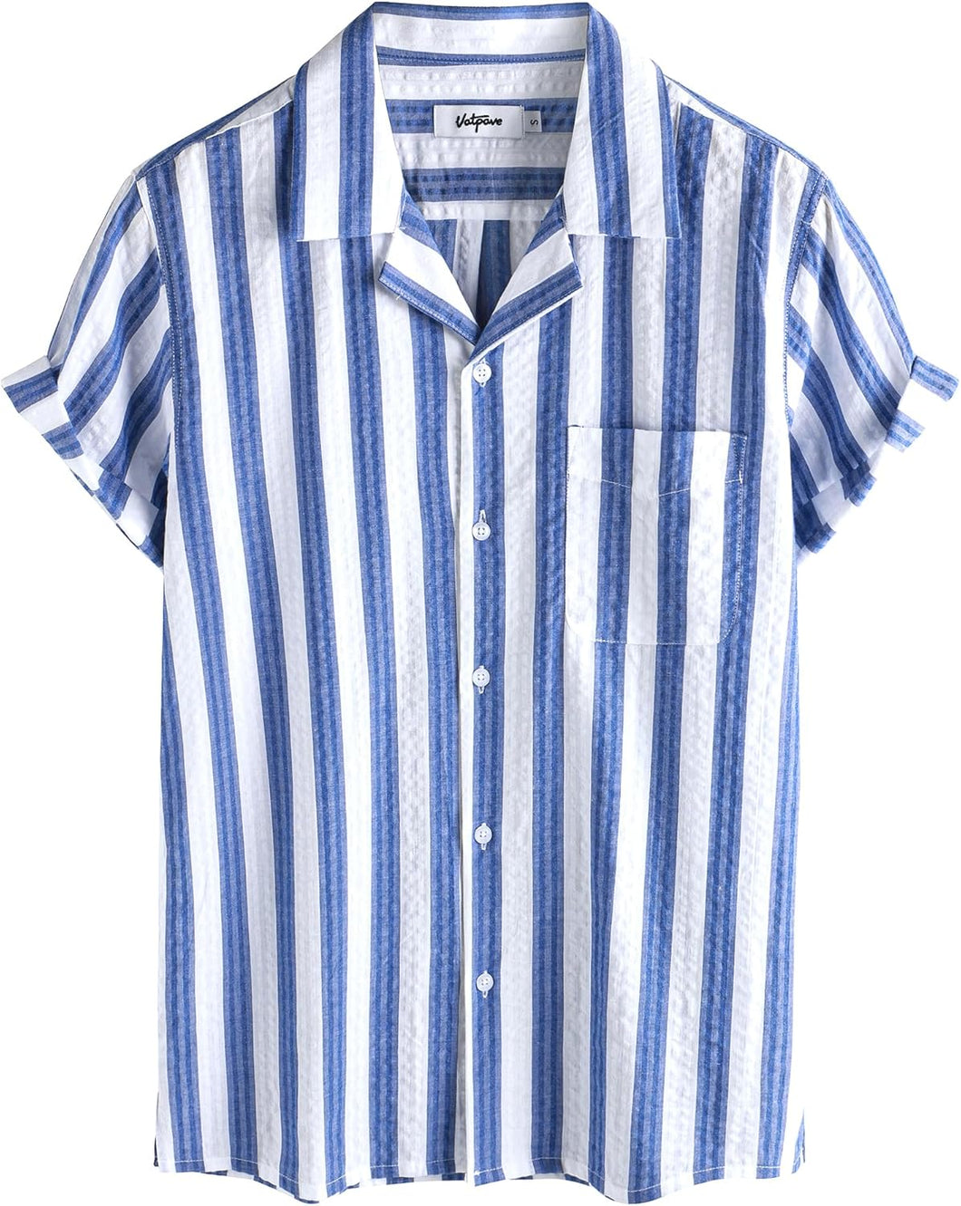 Men's Wrinkled Style Blue Striped Button Up Short Sleeve Shirt