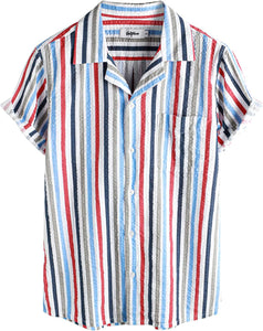 Men's Wrinkled Style White Striped Button Up Short Sleeve Shirt