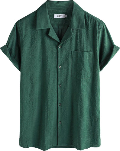 Men's Wrinkled Style Dark Green Button Up Short Sleeve Shirt