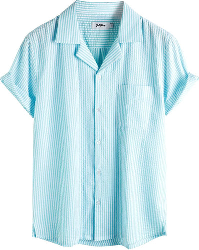 Men's Wrinkled Style Mint Blue Striped Button Up Short Sleeve Shirt