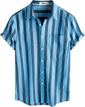 Load image into Gallery viewer, Men&#39;s Wrinkled Style White Striped Button Up Short Sleeve Shirt