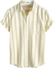 Load image into Gallery viewer, Men&#39;s Wrinkled Style White Striped Button Up Short Sleeve Shirt