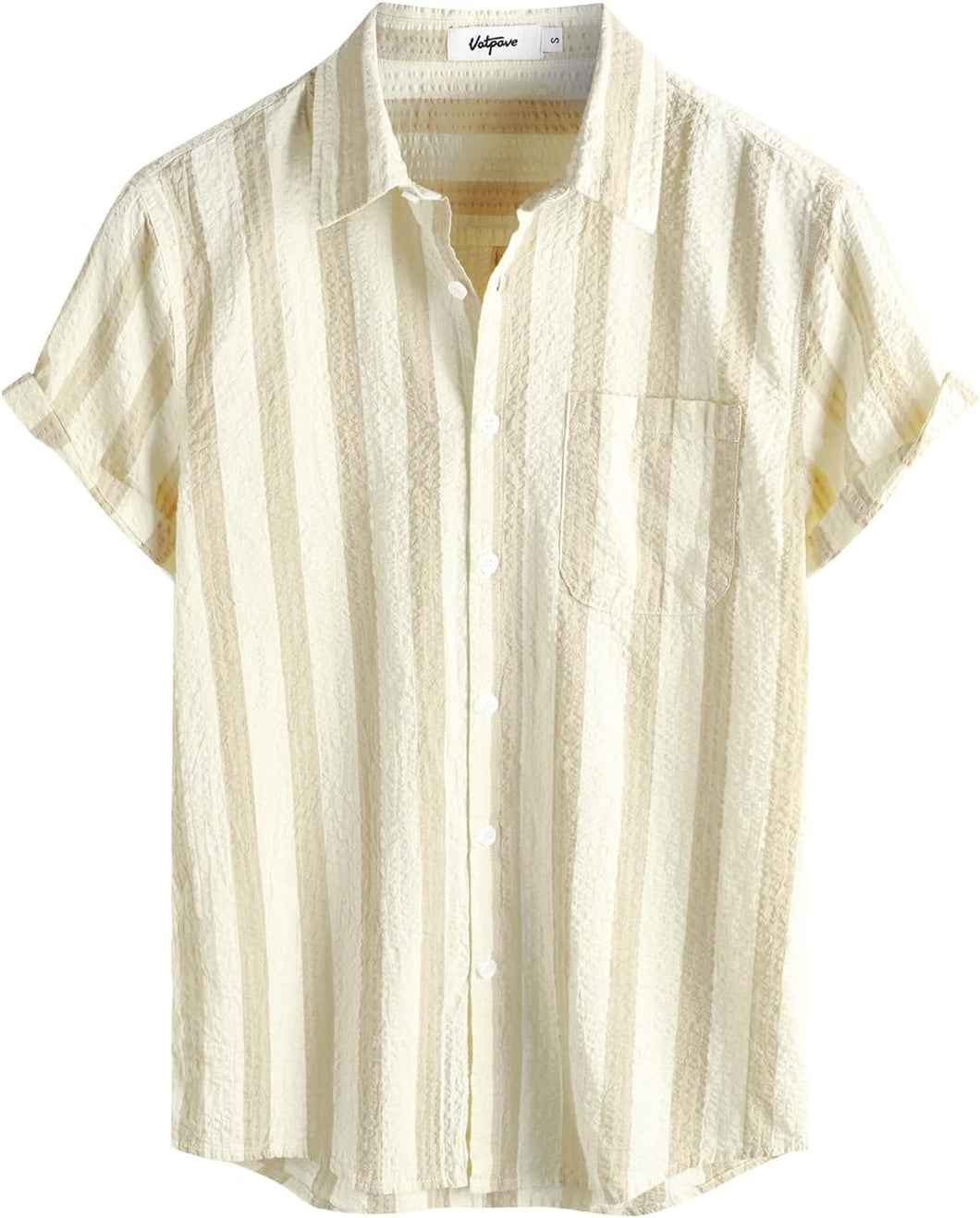 Men's Wrinkled Style Yellow Striped Button Up Short Sleeve Shirt