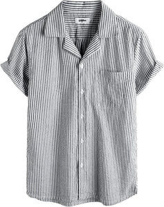 Men's Wrinkled Style White Striped Button Up Short Sleeve Shirt