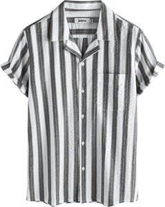 Men's Wrinkled Style White Striped Button Up Short Sleeve Shirt