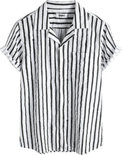 Load image into Gallery viewer, Men&#39;s Wrinkled Style White Striped Button Up Short Sleeve Shirt