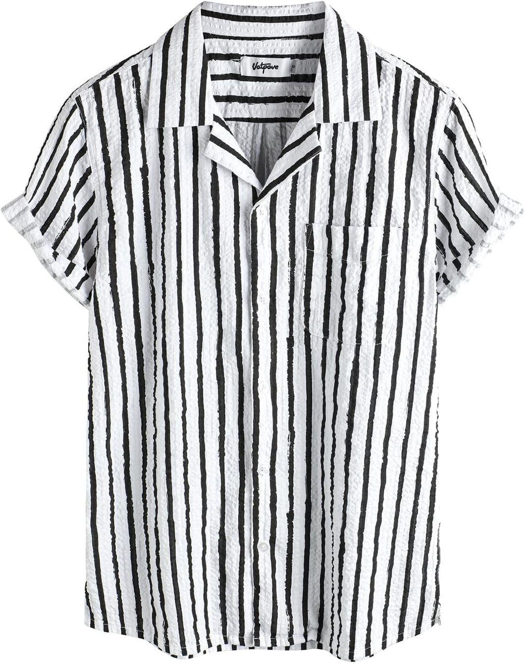 Men's Wrinkled Style White Striped Button Up Short Sleeve Shirt