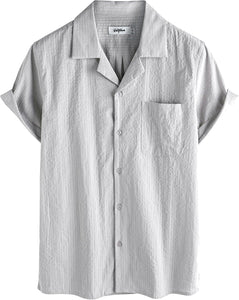 Men's Wrinkled Style White Striped Button Up Short Sleeve Shirt