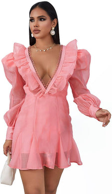 Ruffled Pink V Neck Long Sleeve Mini Dress