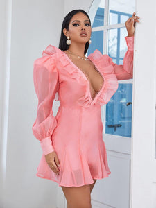 Ruffled Pink V Neck Long Sleeve Mini Dress