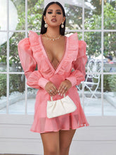 Load image into Gallery viewer, Ruffled Pink V Neck Long Sleeve Mini Dress