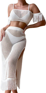 Crochet Beige Beach Cover Up Top & Skirt Set
