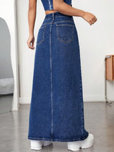 Load image into Gallery viewer, High Waist Dark Blue Denim High Slit Maxi Skirt
