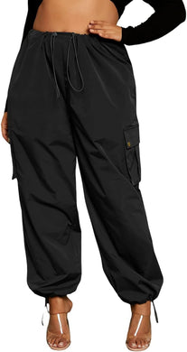 Plus Size High Waist Black Pocket Cargo Drawstring Casual Pants