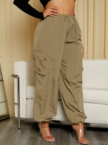 Plus Size High Waist Khaki Pocket Cargo Drawstring Casual Pants