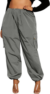 Plus Size High Waist Grey Pocket Cargo Drawstring Casual Pants