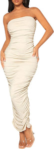 Danity Chic Strapless Beige Ruched Maxi Dress