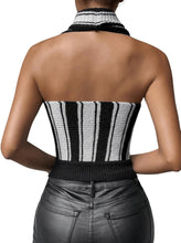 Load image into Gallery viewer, Black &amp; White Striped Halter Sleeveless Crop Top