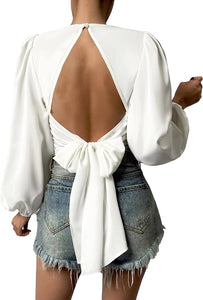 White Open Back Bow Tied Long Sleeve Top Blouse