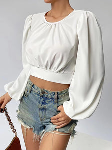 White Open Back Bow Tied Long Sleeve Top Blouse