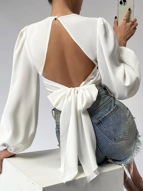 White Open Back Bow Tied Long Sleeve Top Blouse