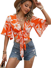 Load image into Gallery viewer, White &amp; Orange Ruffle Sleeve Tie Knot Wrap Top