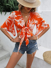 Load image into Gallery viewer, White &amp; Orange Ruffle Sleeve Tie Knot Wrap Top