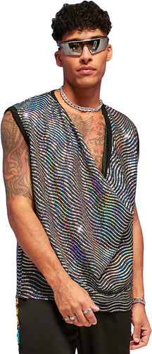 Men's Silver Contrast Sequin Draped Sleeveless Top