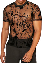 Load image into Gallery viewer, Men&#39;s Black Mesh Floral Short Sleeve Shirt