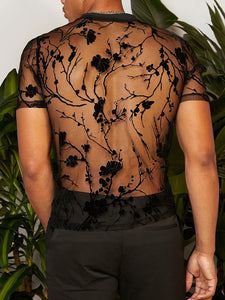 Men's Black Mesh Floral Short Sleeve Shirt