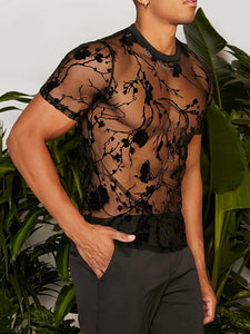 Men's Black Mesh Floral Short Sleeve Shirt