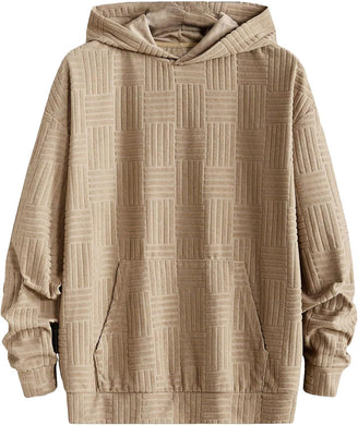 Men's Textured Khaki Long Sleeve Hoodie Pull Over Sweatshirt