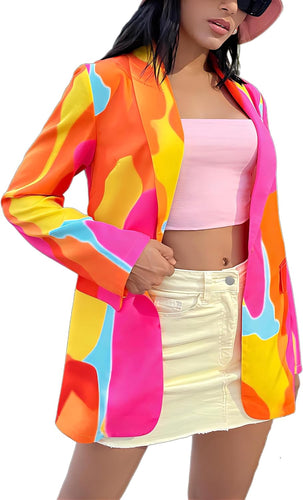 Mosaic Orange & Pink Printed Lapel Long Sleeve Blazer